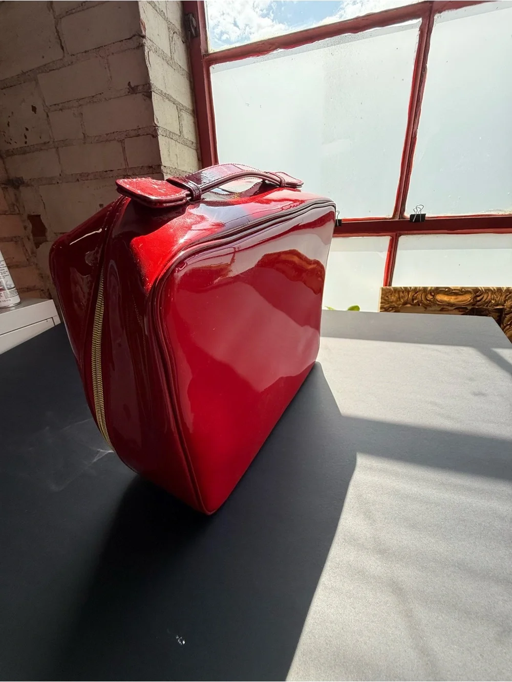 Estee Lauder Red Patent Cosmetic Case with Gold Zipper